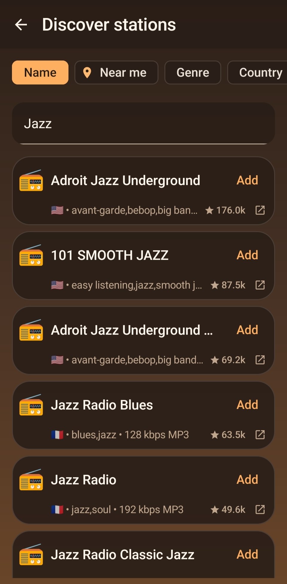 Freqcast Discover screen showing Jazz search results from the Radio Browser directory