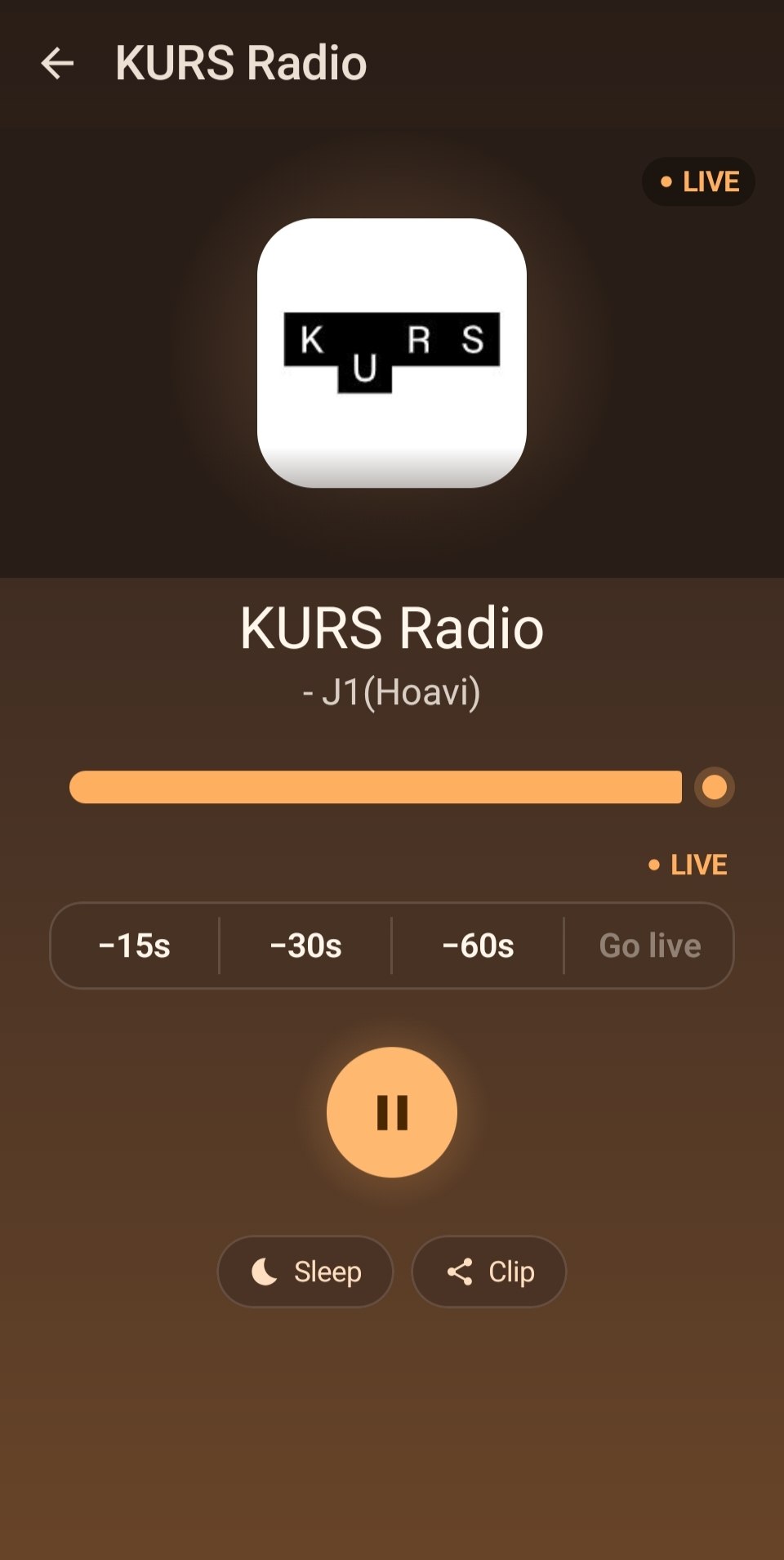 Freqcast now-playing screen with timeshift scrubber, sleep timer and clip sharing