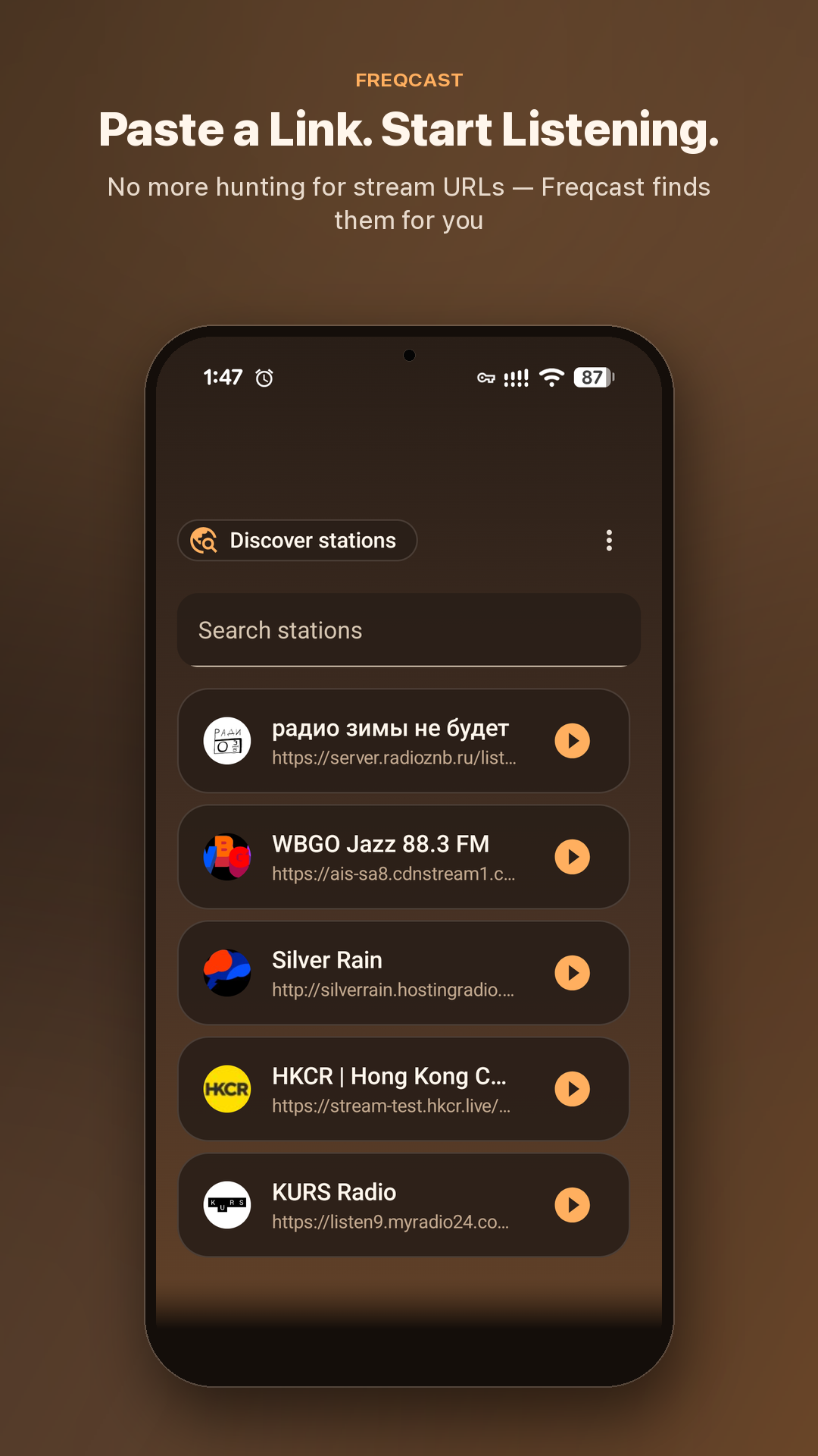Freqcast library screen listing the curated stations